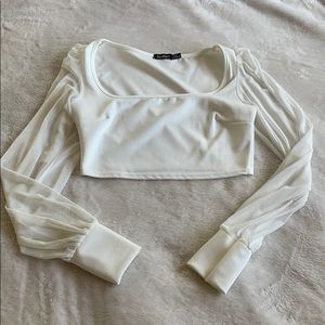 Mesh Sleeve White Crop Top